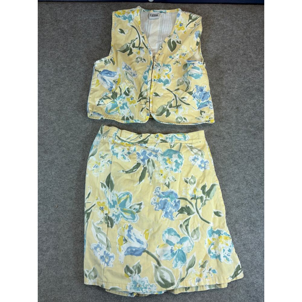 VINTAGE 80s Capacity Vest Mini Skirt Set Womens Small Yellow Floral Cottagecore